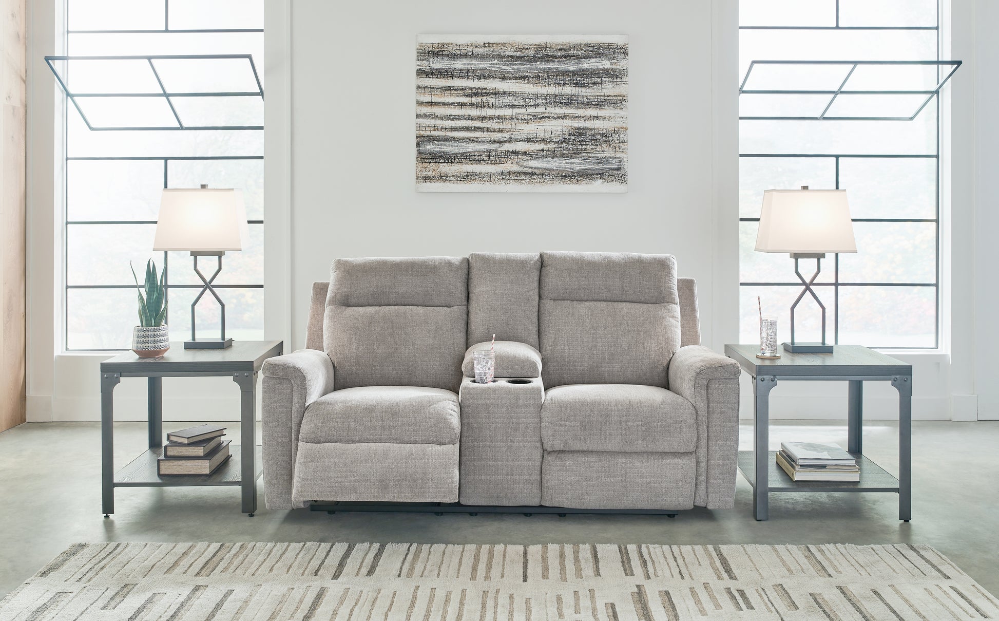 Lakeland Furniture Outlet - Ashley Furniture - Barnsana Living Room - DBL REC PWR Loveseat w/Console / Ash - 3320196