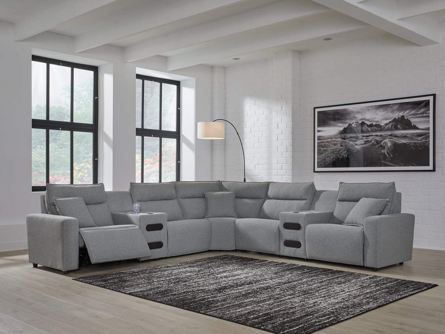 Lakeland Furniture Outlet - Ashley Furniture - ModMax II Sectional - 7-Piece Power Reclining Sectional with Audio Consoles / Salt and Pepper - 65906S9