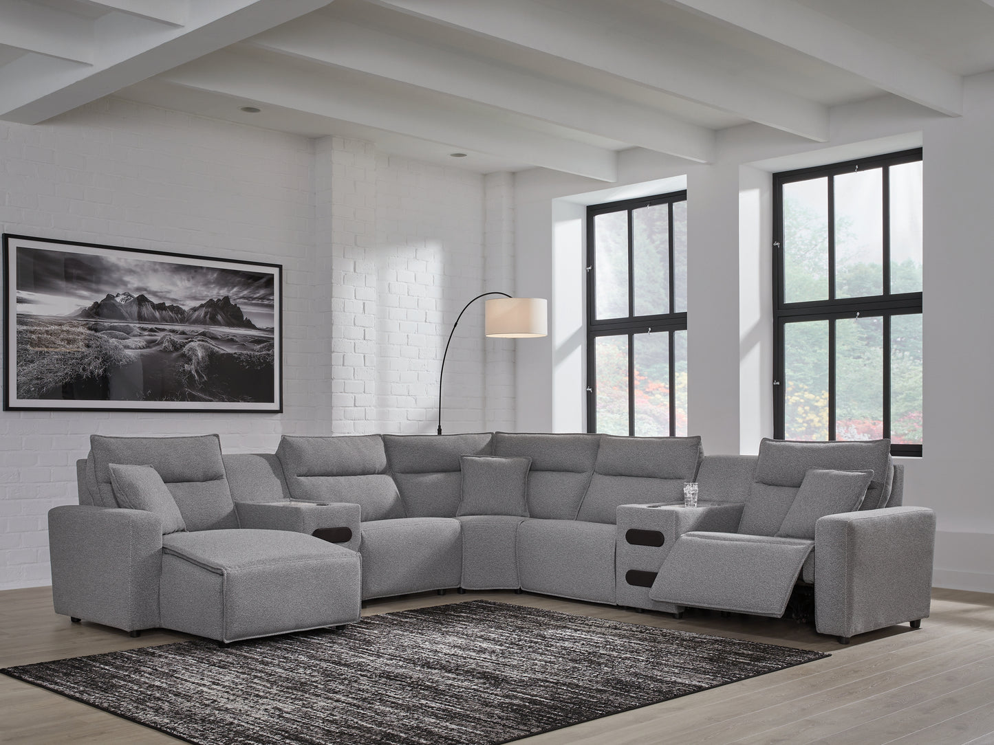 Lakeland Furniture Outlet - Ashley Furniture - ModMax II Sectional - 7-Piece Power Reclining Sectional with Chaise and Audio Consoles / Salt and Pepper - 65906S20