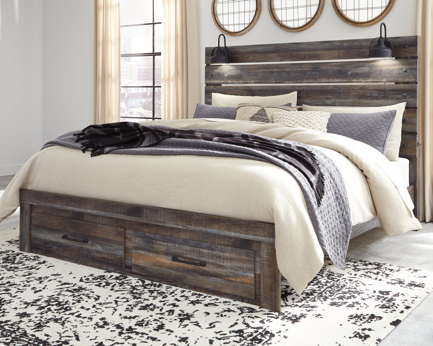 Lakeland Furniture Outlet - Ashley Furniture - Drystan Bedroom - King Panel Bed with 2 Storage Drawers / Multi - B211B55