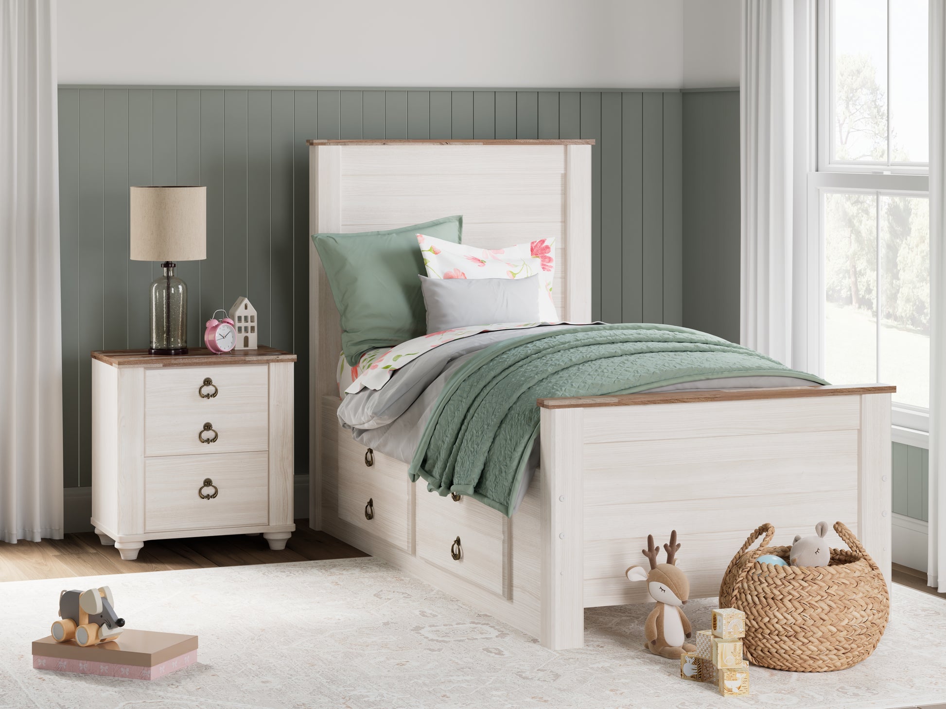 Lakeland Furniture Outlet - Ashley Furniture - Willowton Bedroom - Twin Panel Bed with 2 Storage Drawers / Whitewash - B267B21