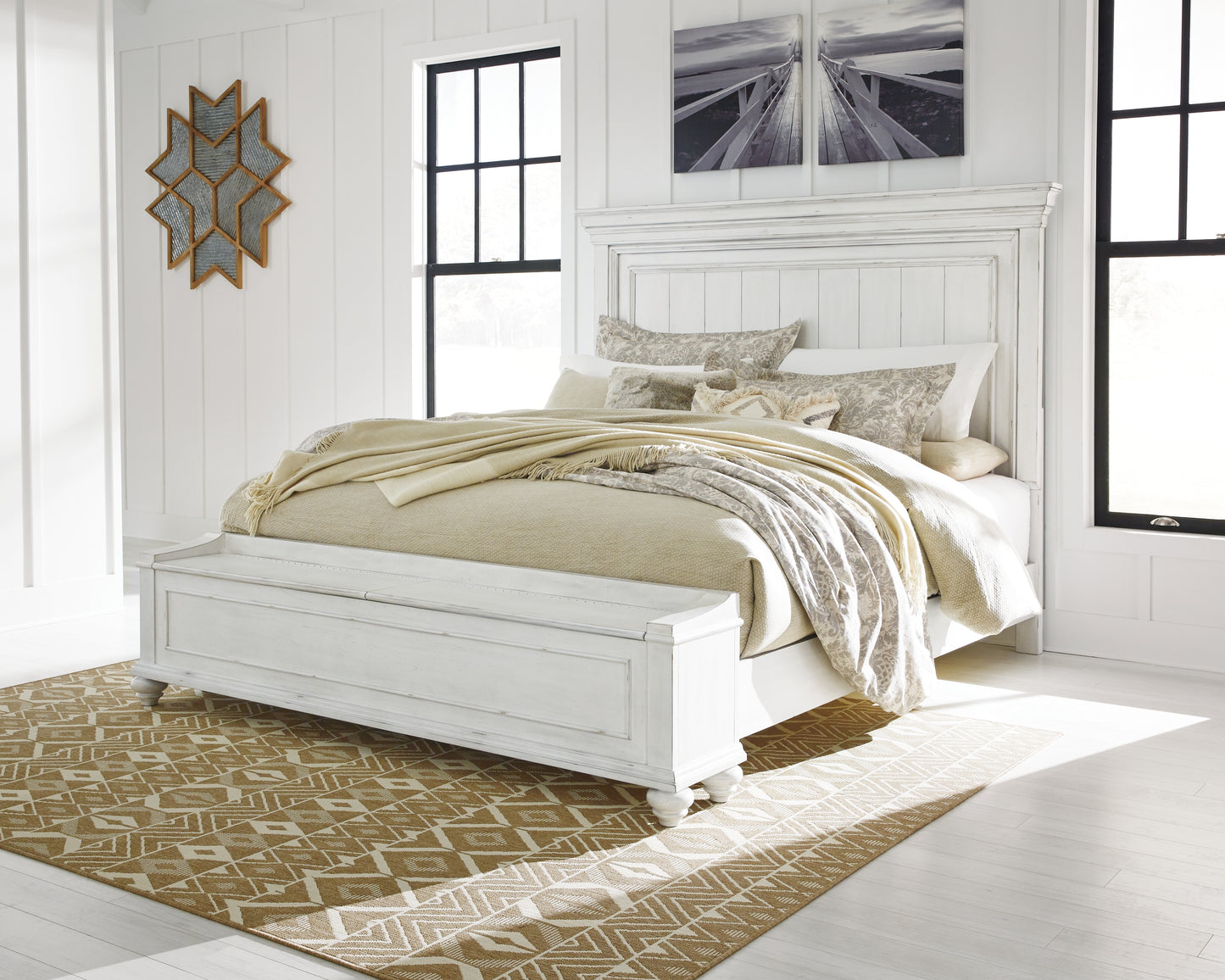 Lakeland Furniture Outlet - Ashley Furniture - Kanwyn Bedroom - California King Panel Bed with Storage Bench / Whitewash - B777B12
