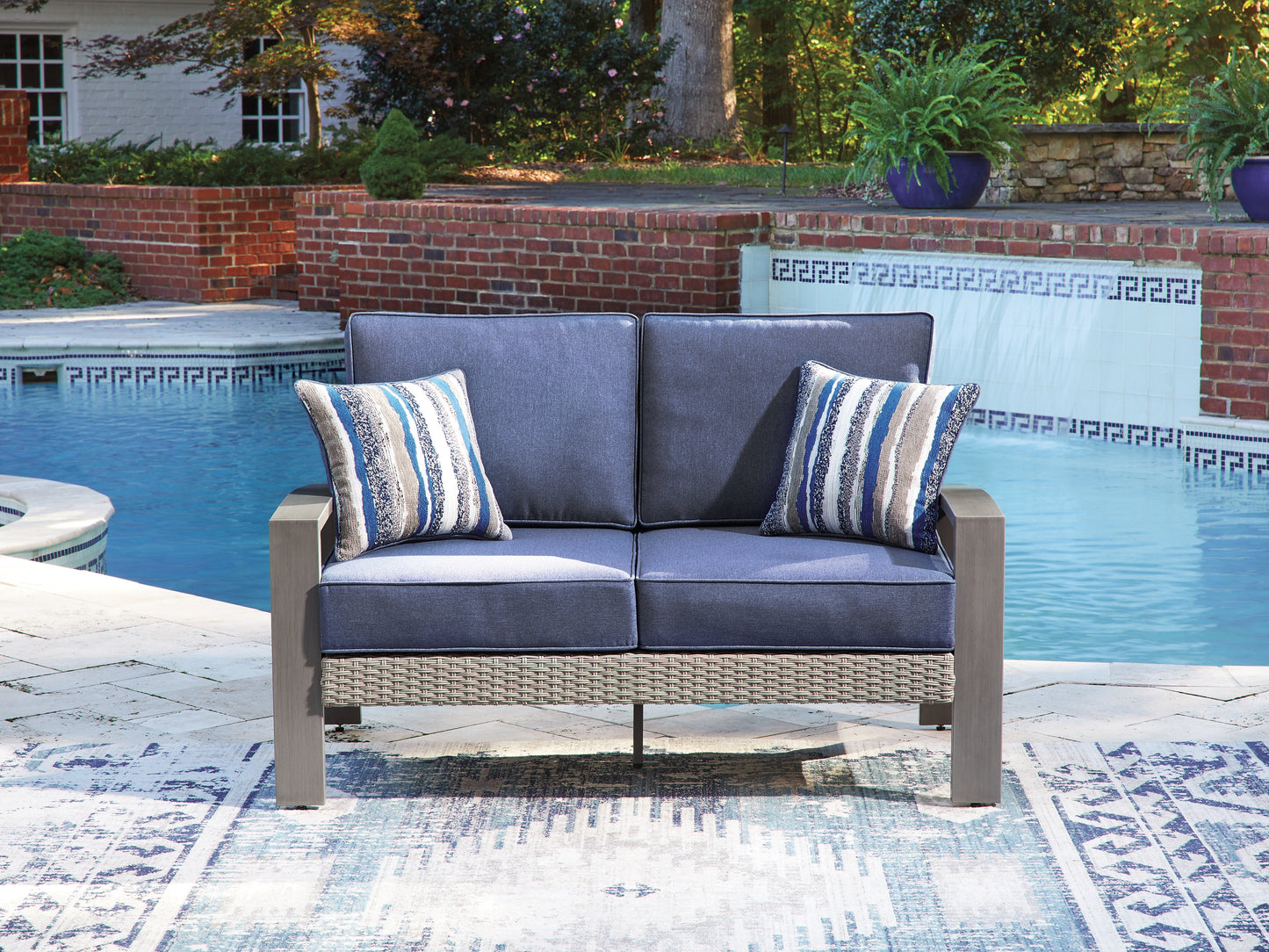 Lakeland Furniture Outlet - Ashley Furniture - Half Moon Beach Outdoor - Loveseat w/Cushion / Blue/Gray - PCP418-835