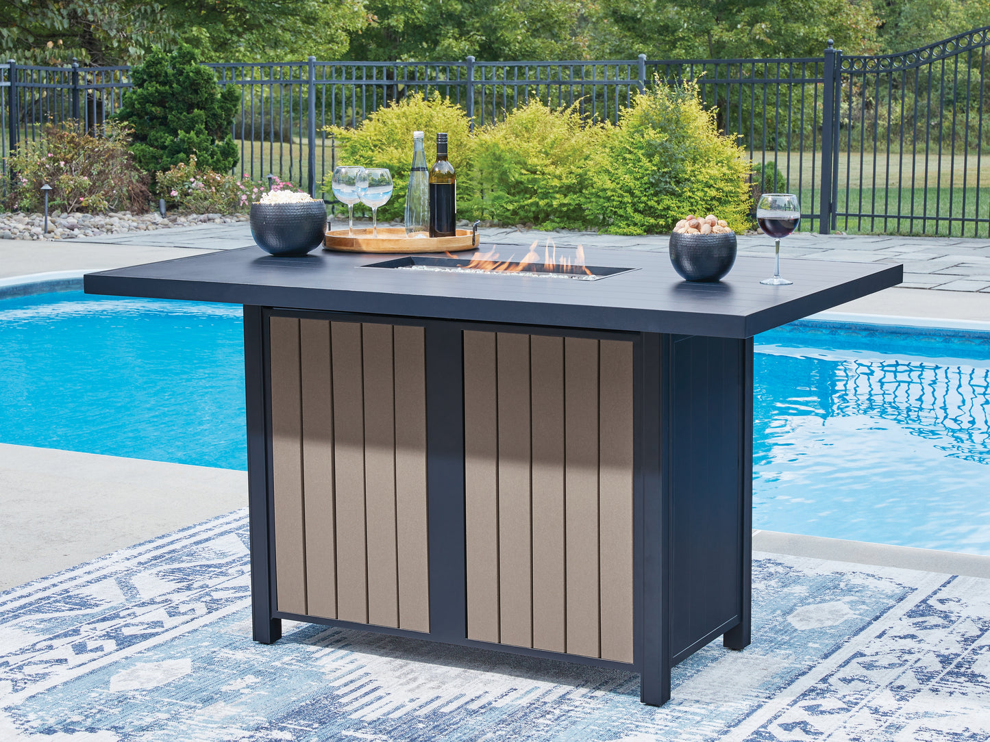 Lakeland Furniture Outlet - Ashley Furniture - East Beach Outdoor - RECT Bar Table w/Fire Pit / Navy Blue/Driftwood - PCP587-665