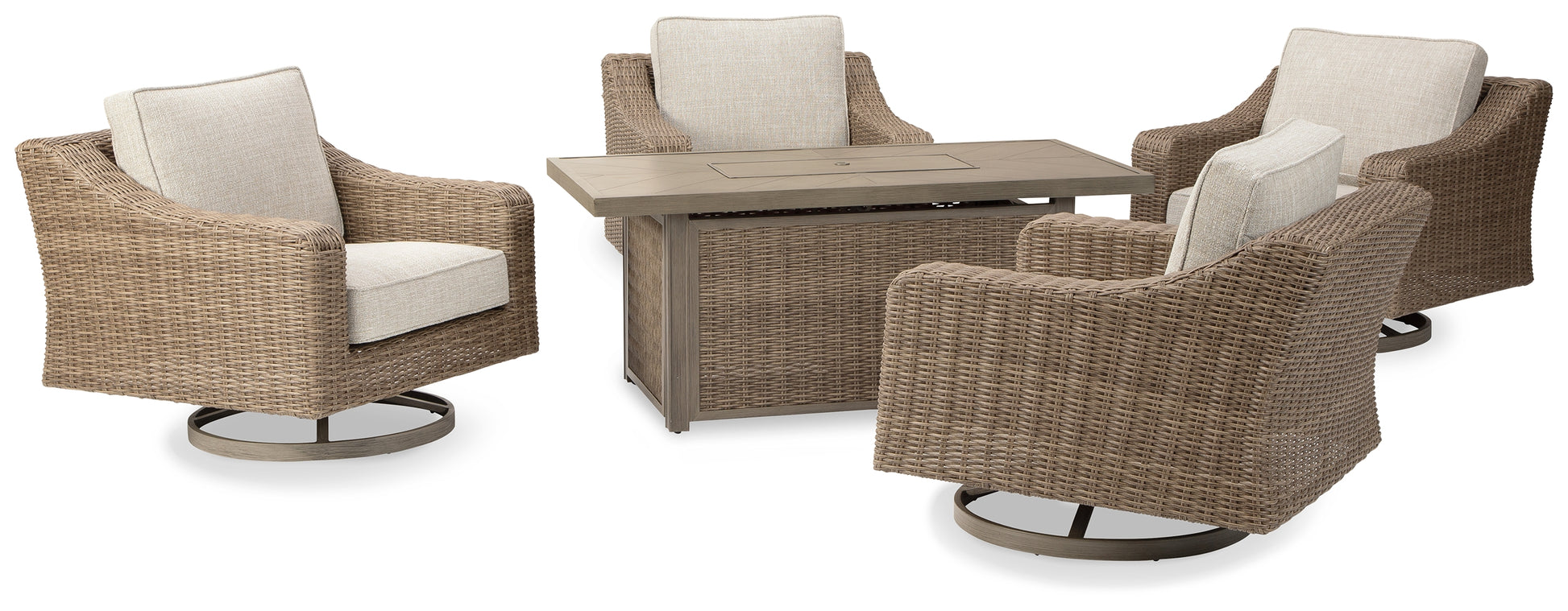 Lakeland Furniture Outlet - Ashley Furniture - Beachcroft Outdoor - 5-Piece Outdoor Fire Pit Table with 4 Chairs / Beige - P791P17