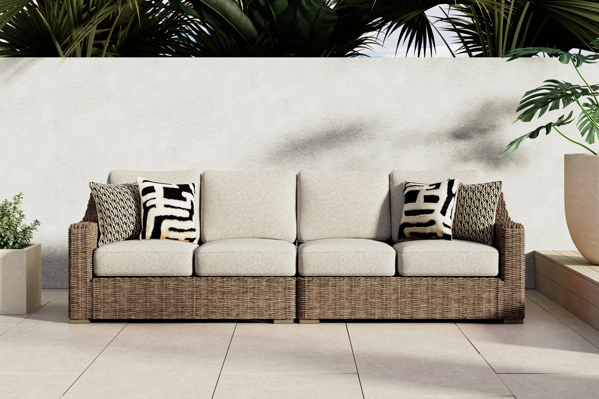 Lakeland Furniture Outlet - Ashley Furniture - Beachcroft Outdoor - RAF/LAF Loveseat w/CUSH (Set of 2) / Beige - P791-854