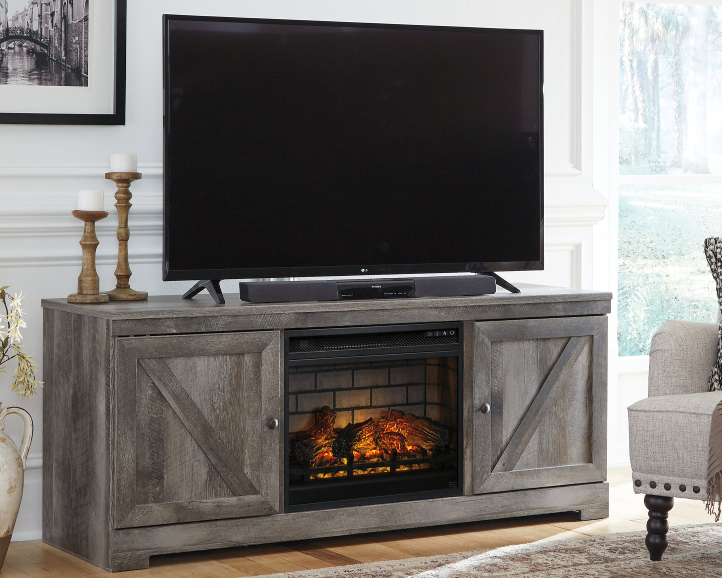 Lakeland Furniture Outlet - Ashley Furniture - Wynnlow 63" TV Stand with Electric Fireplace - 63" TV Stand with Electric Fireplace / Gray - W440W9